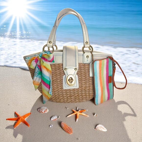 Coach Handbags - COACH Vintage Straw  Turnlock Basket & matching wristlet watercolor stripes